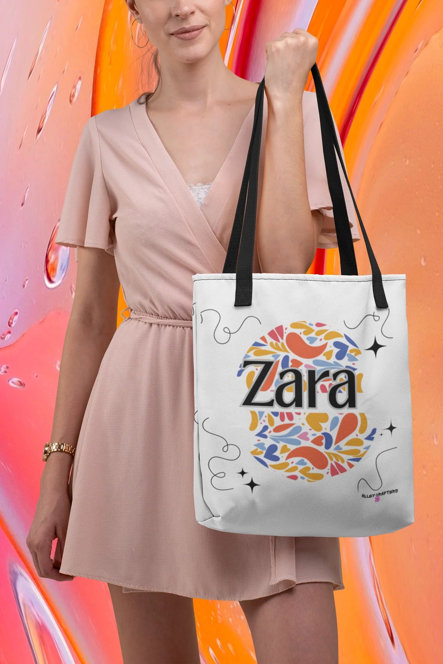 Personalized floral tote bag, white with black handles and “Zara” heart motif.