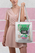 White tote bag with “Self Care” graphic and green frog illustration