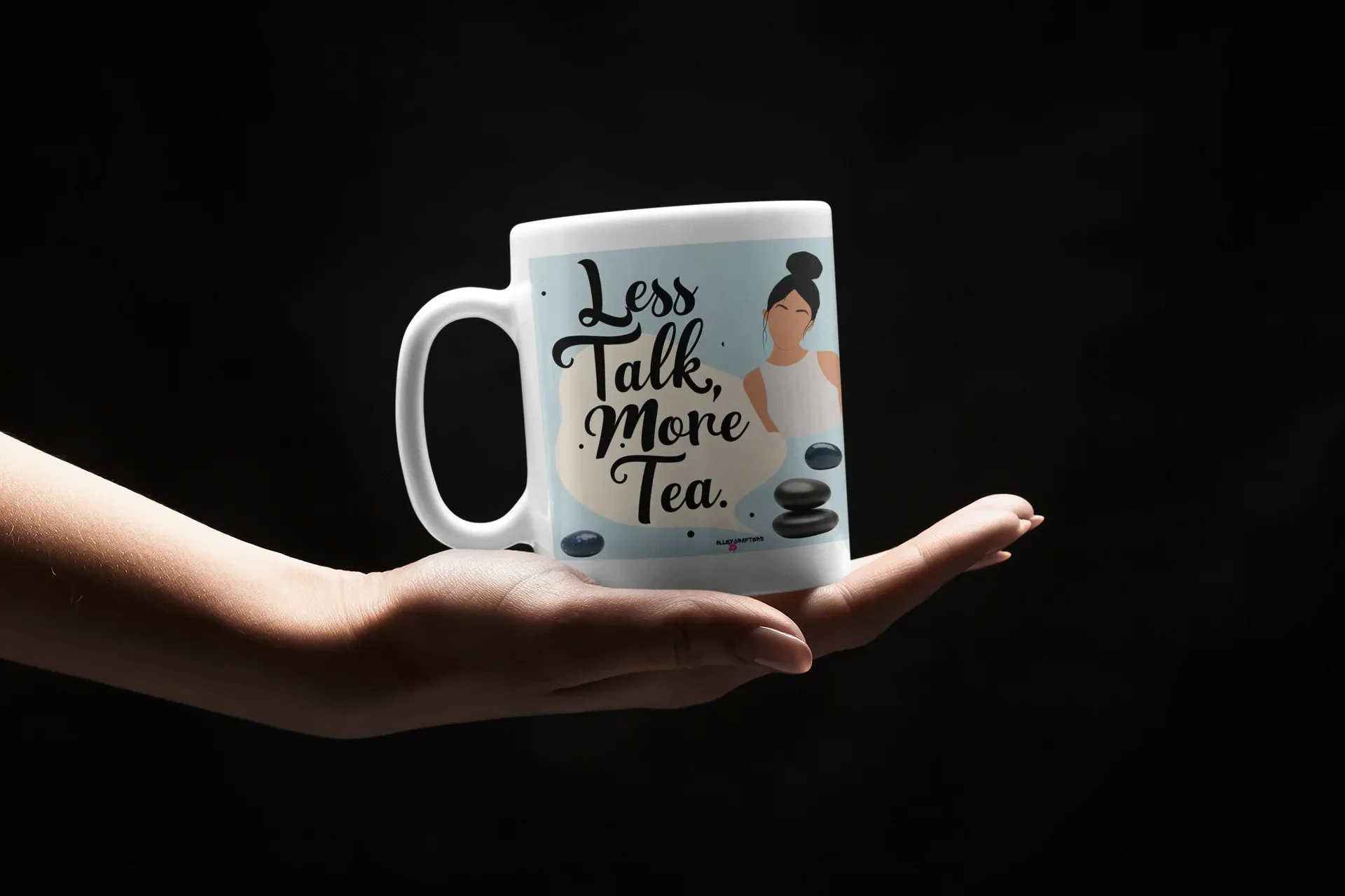 White tea mug with handle and 'Less Talk, More Tea' text on front