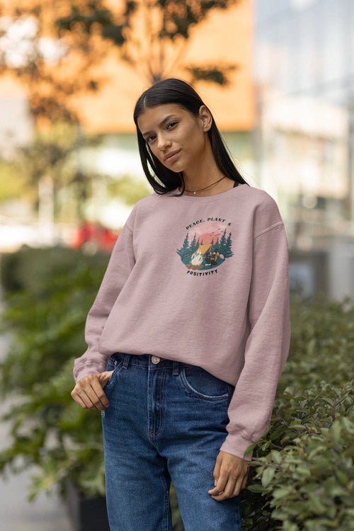 Mauve crewneck sweatshirt with peace plant positivity landscape graphic