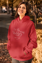 Red personalised wedding day hoodie sweatshirt with front hood and printed-style text