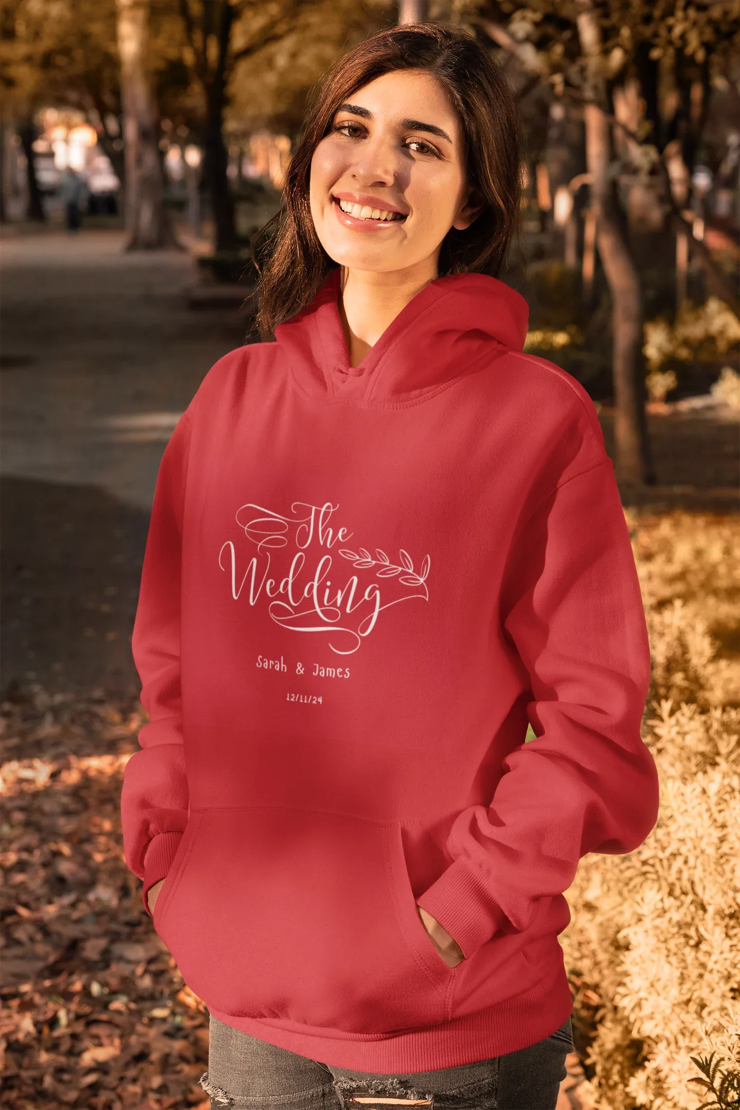 Red personalised wedding day hoodie sweatshirt with front hood and printed-style text