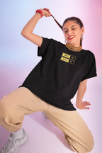 Black unisex T-shirt with “Music On / World Off” chest graphic
