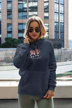 Navy hoodie sweatshirt with kangaroo pocket and hood, front cartoon heart graphic