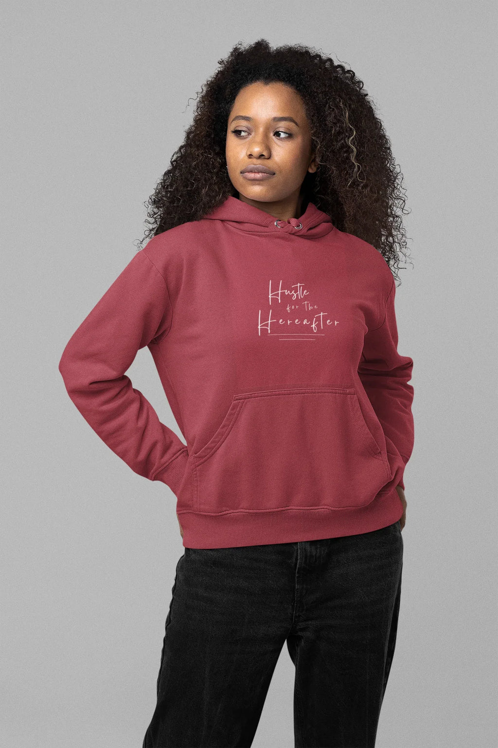 Burgundy hooded sweatshirt with hood and small chest script graphic