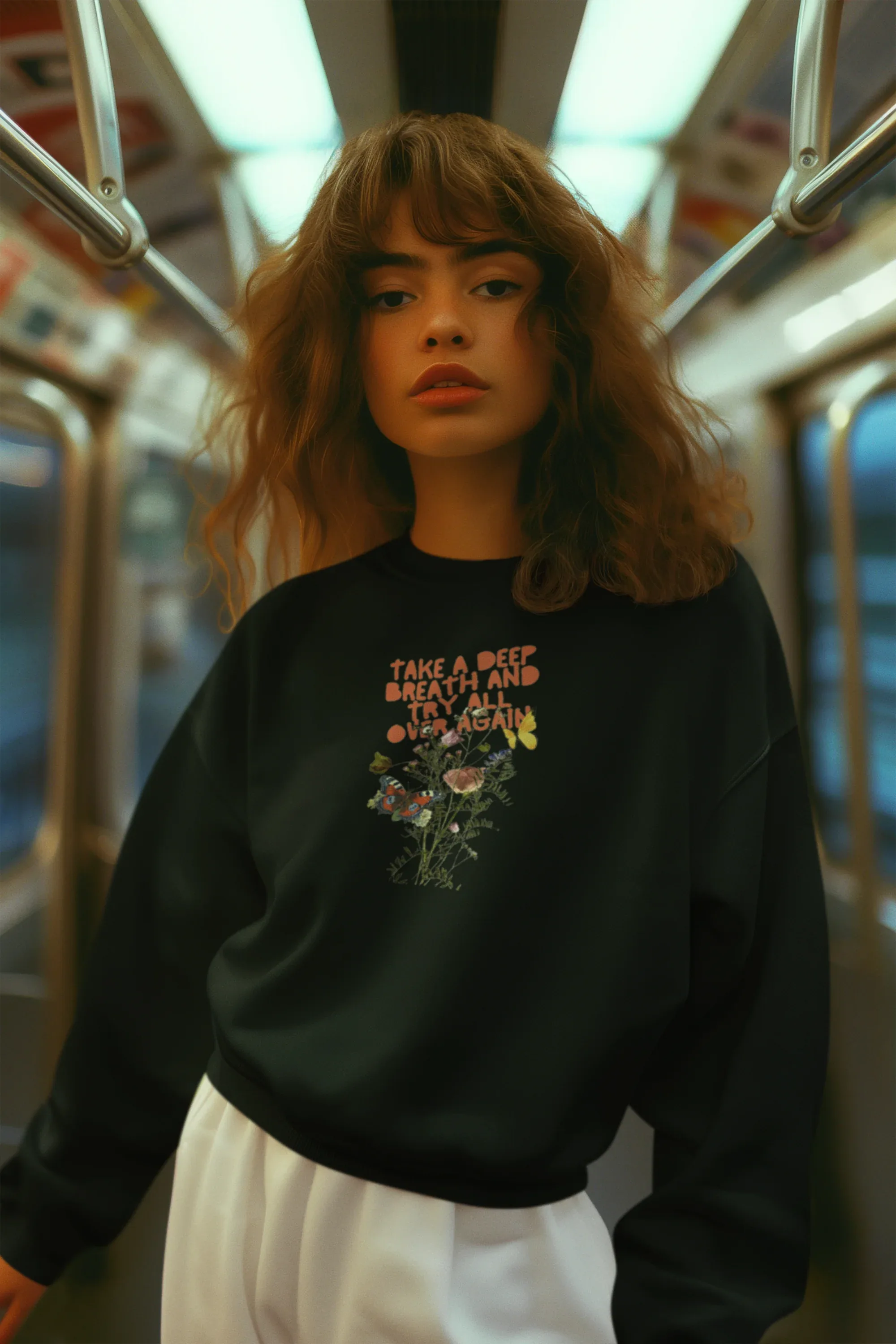 Dark crewneck sweatshirt with floral quote graphic, long sleeves and relaxed fit