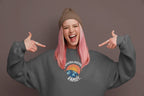 Dark gray crewneck sweatshirt with colorful space graphic on chest.