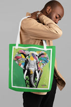 Green tote bag with multicolor elephant pop art graphic and white-bordered frame