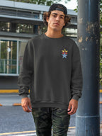 Unisex black crewneck sweatshirt with colorful star embroidery