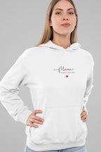 White hooded sweatshirt with front pocket and “Mama” print with red heart