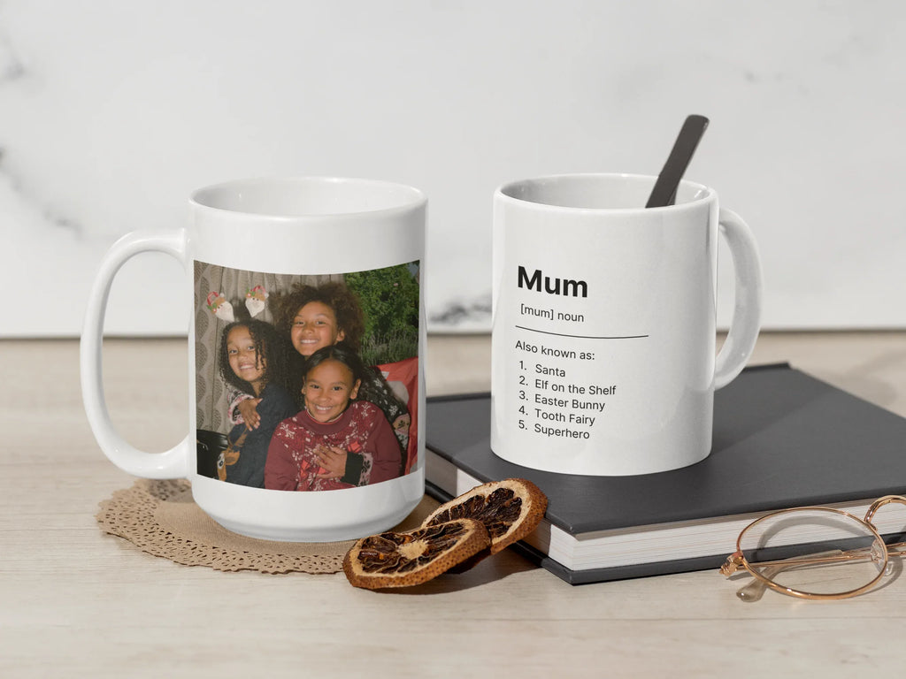 Two white ceramic mugs, one with custom family photo and one with “Mum” text