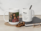 Two white ceramic mugs, one with custom family photo and one with “Mum” text