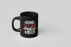 Personalised black mug with 'Love you much' and name EMILY