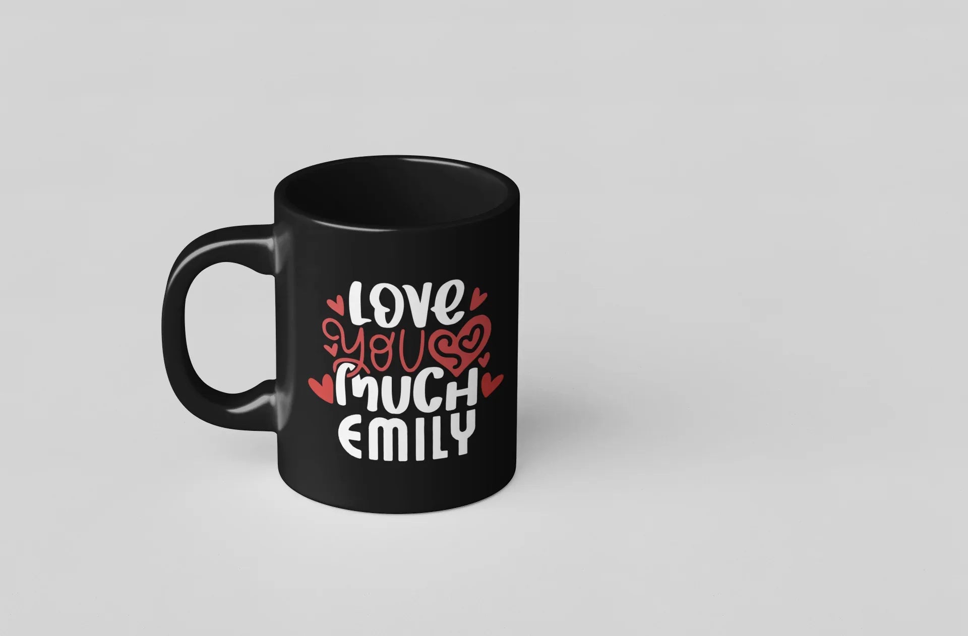 Personalised black mug with 'Love you much' and name EMILY