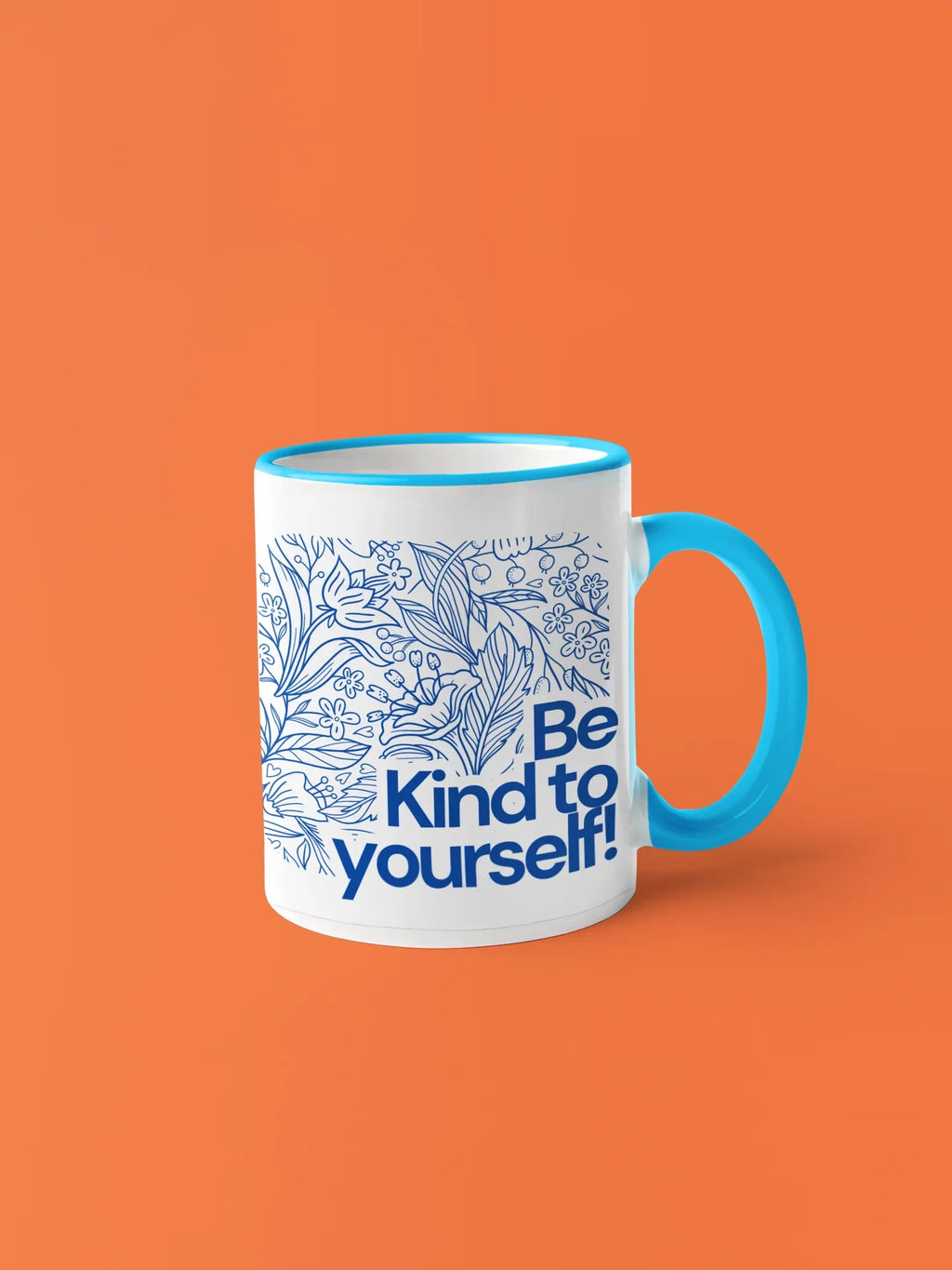 Light blue accent coffee mug with blue floral line art and 'Be Kind to yourself!' wording