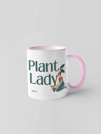 White coffee mug with pink rim and handle, “Plant Lady” botanical design