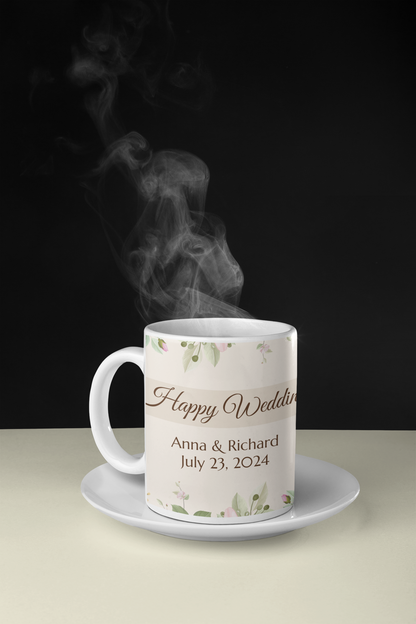 Coffee Mug - Happy Wedding Custom Cup with Names & Date, 11oz or 15oz