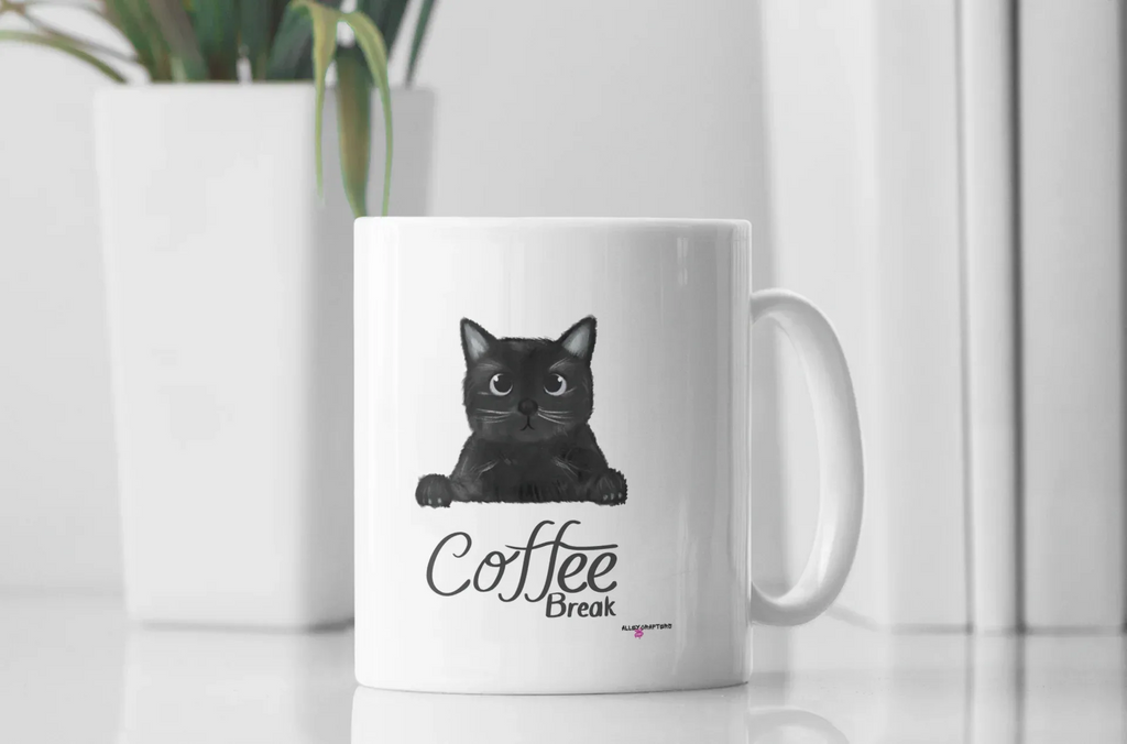 Coffee break mug in white with black cat and “Coffee Break” text on front.