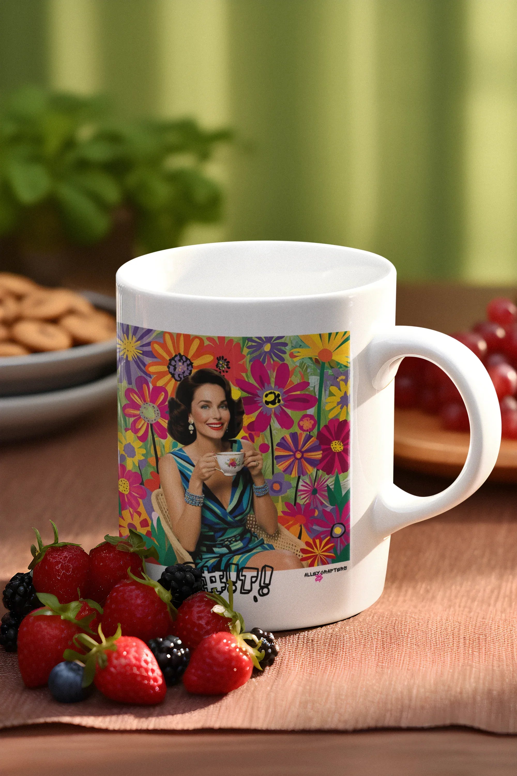 White coffee mug with colorful floral print and portrait woman; right-side handle