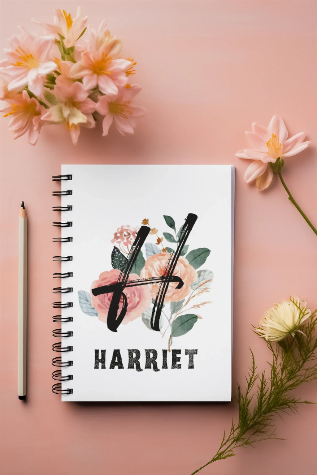 Floral A5 wirobound notebook, white cover with floral letter art and HARRIET