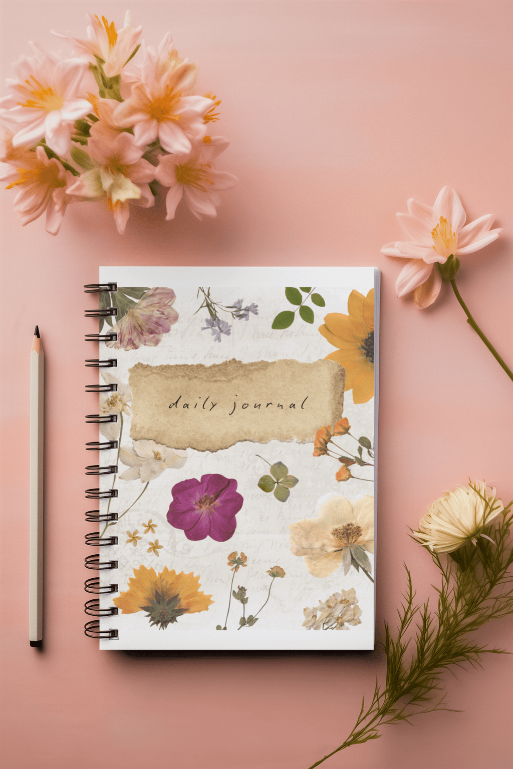 A5 wirebound softcover journal notebook with floral cover and lined pages.