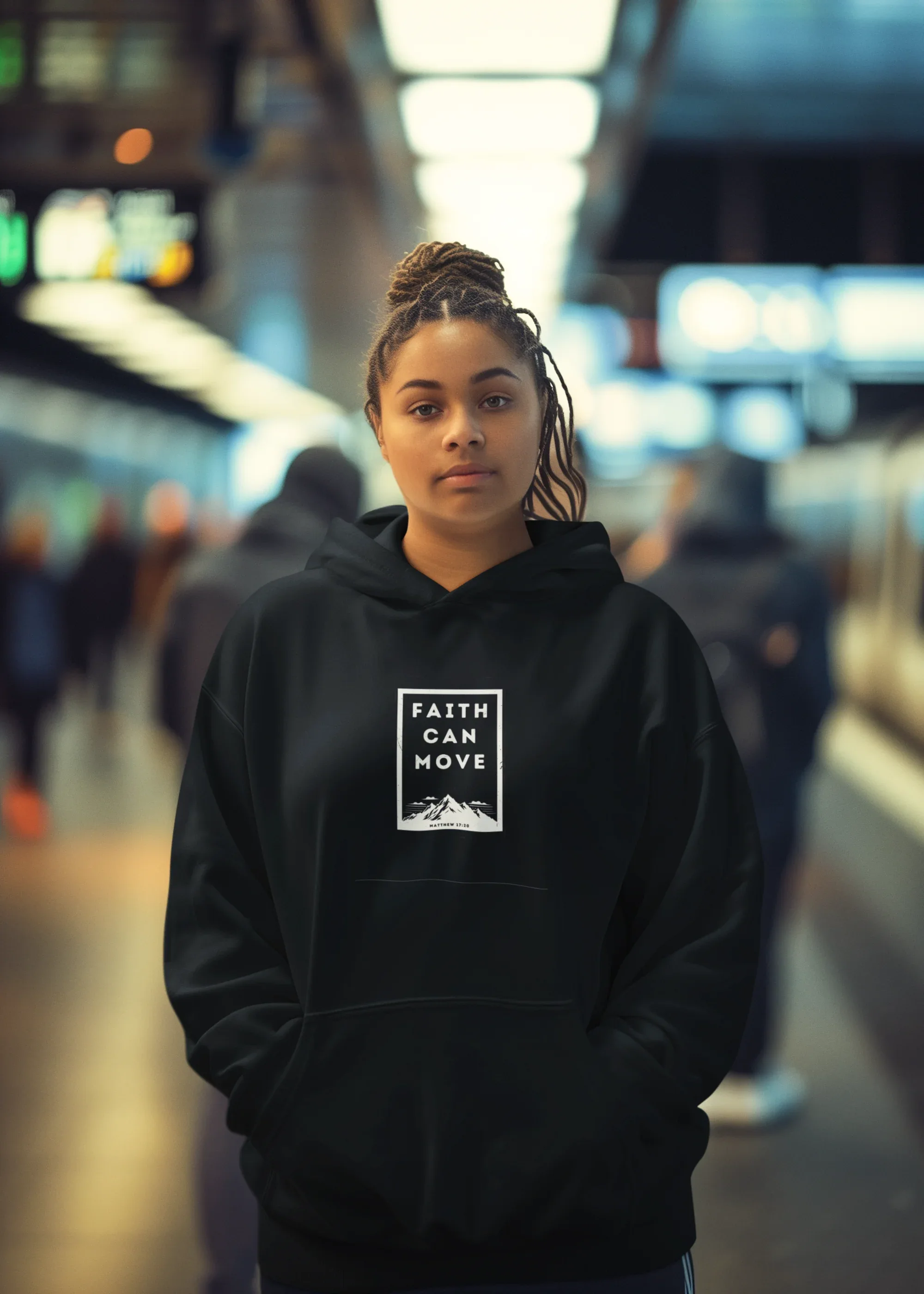 Black hoodie sweatshirt worn by person, hood up, front square faith graphic