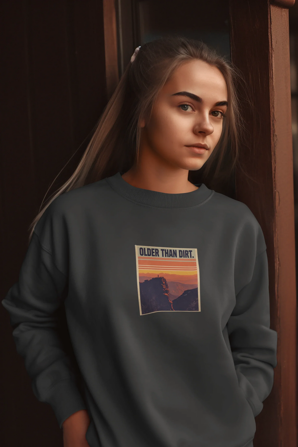 Dark gray crewneck sweatshirt with front graphic print