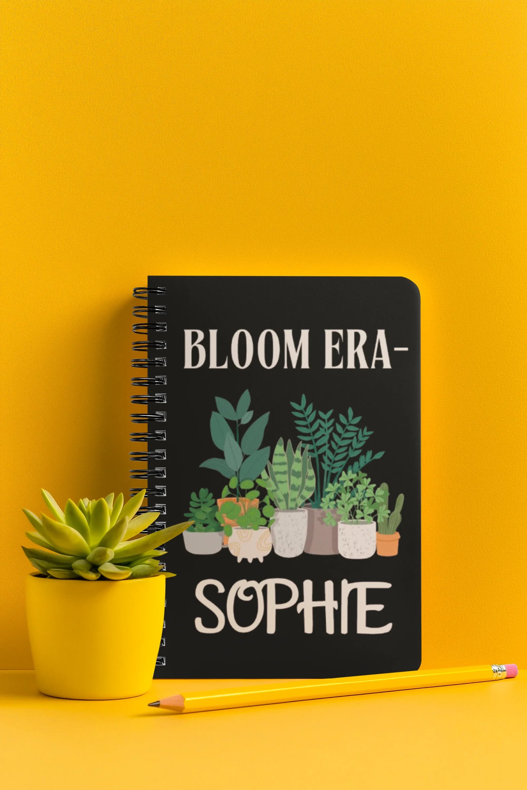 Personalised A5 lined notebook cover with floral pots illustration and name SOPHIE, black.