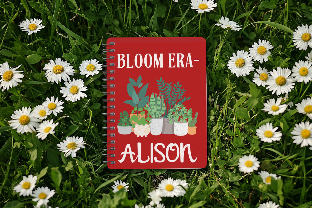 Personalised A5 lined notebook with red cover, floral pots illustration and name ALISON.
