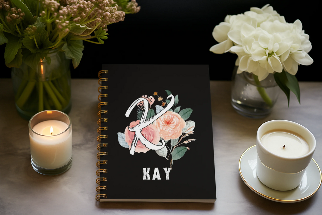 Black wirobound A5 journal with floral initial and name KAY on the cover