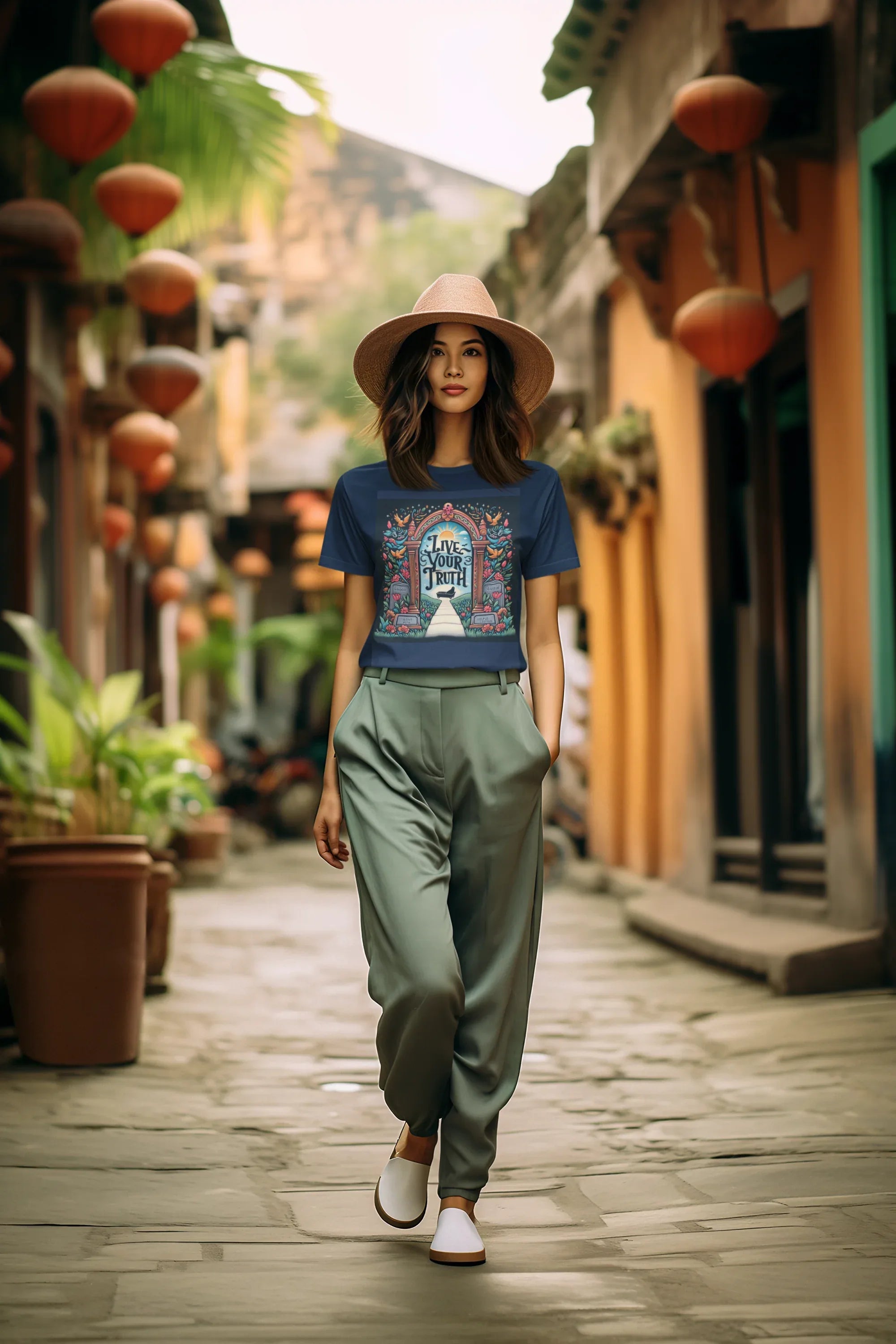 Graphic t-shirt worn by model: navy short sleeves with multicolor arch front print and text.