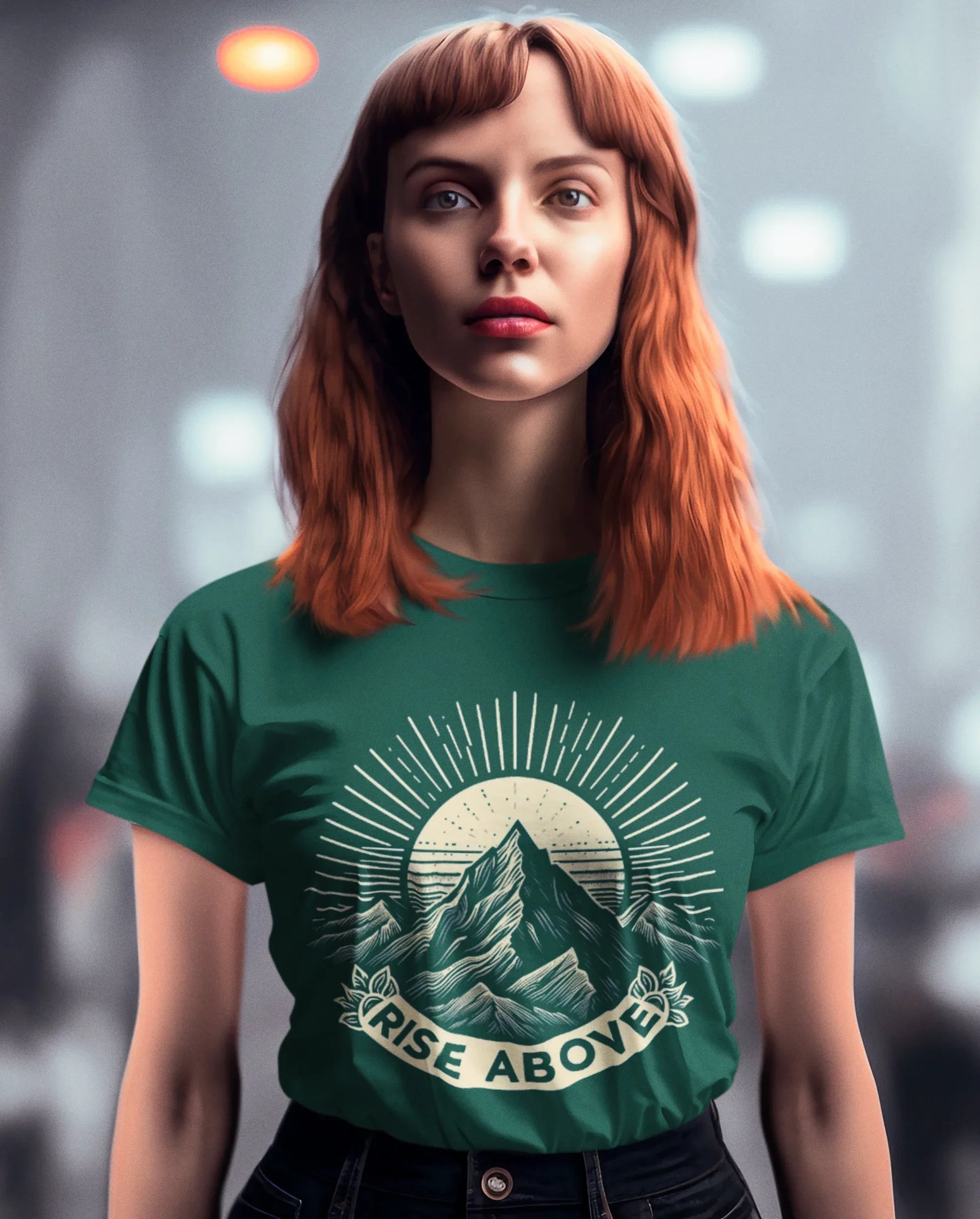 Green short-sleeve T-shirt with mountain sunrise “RISE ABOVE” graphic on model