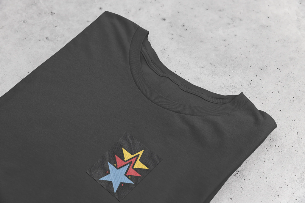Black unisex sweatshirt angled view with colorful star embroidery on front