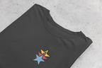 Black unisex sweatshirt angled view with colorful star embroidery on front