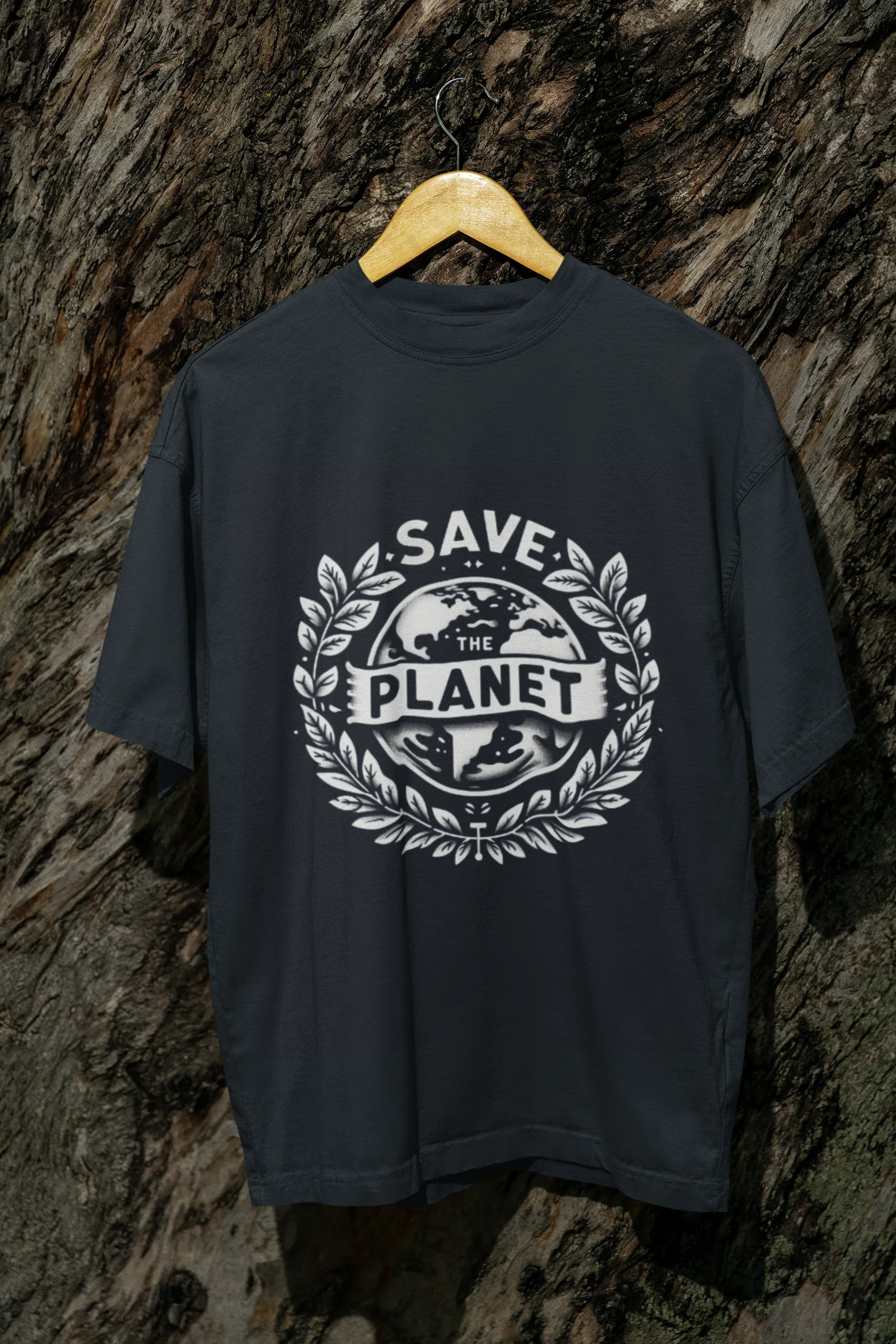 Black T-shirt with white 'Save the Planet' circular wreath logo