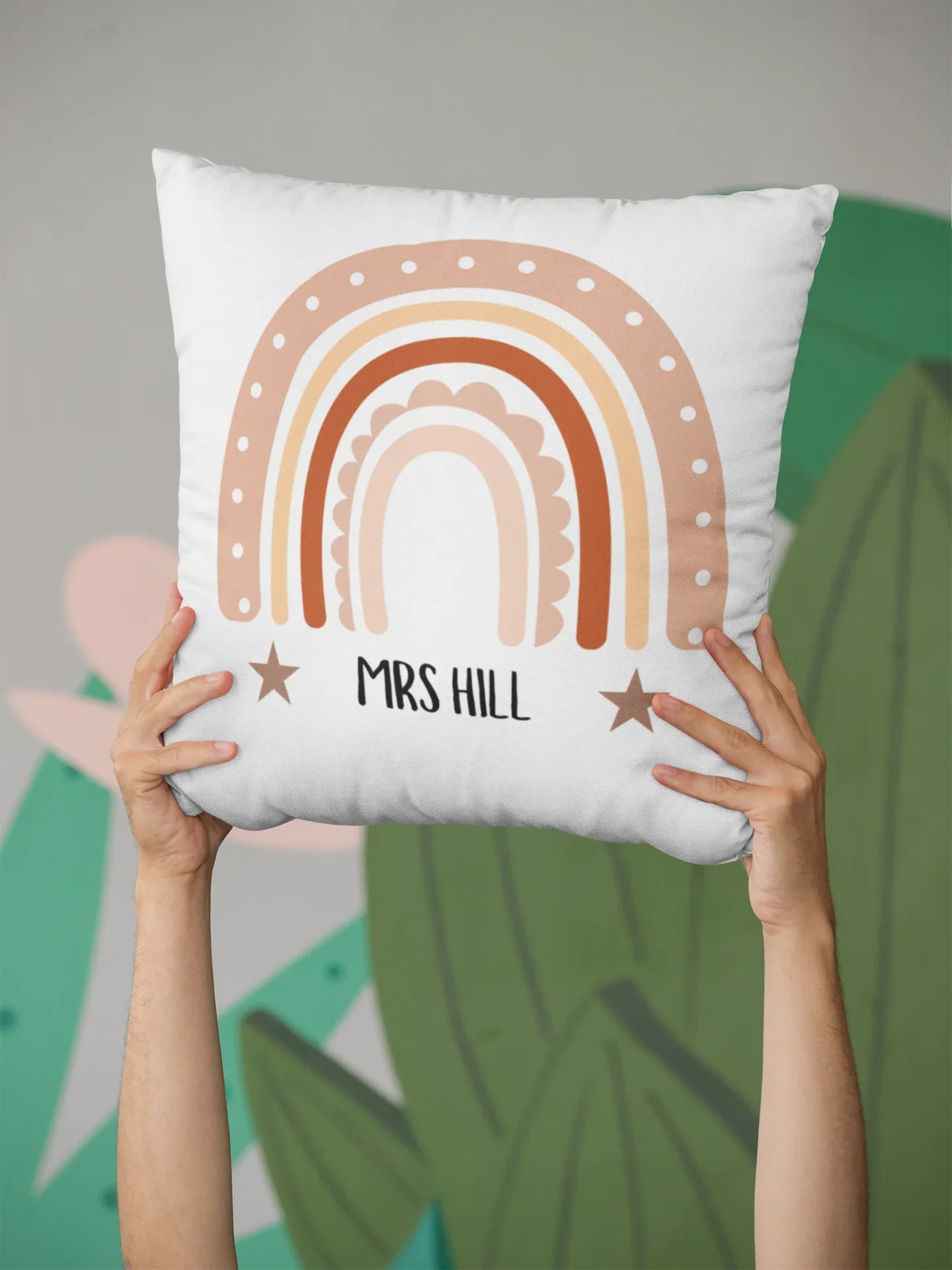 Personalised pillowcase with rainbow design and name MRS HILL