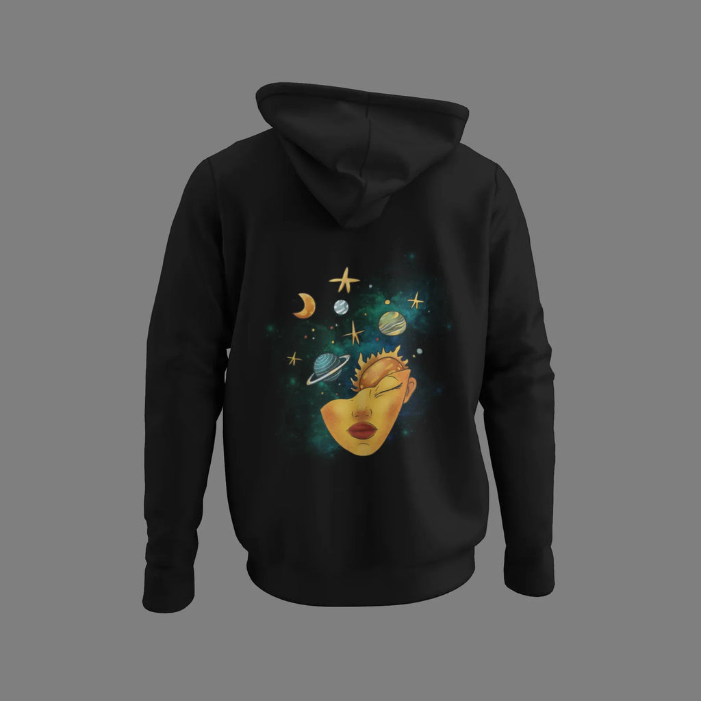 Black hoodie with hood, space face graphic on front