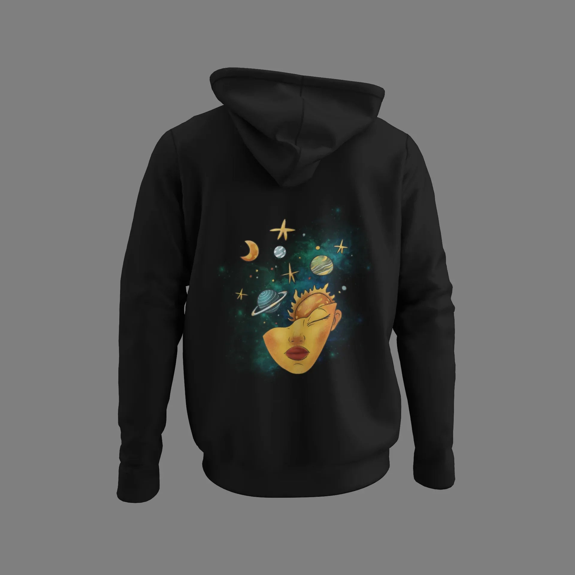 Black hoodie with hood, space face graphic on front