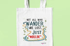 White tote bag with printed quote graphic reading 'MOLLIE' in color