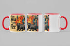 Set of three ceramic mugs with bear and flames graphic; red handles; “TOO WILD FOR HERBAL TEA.”