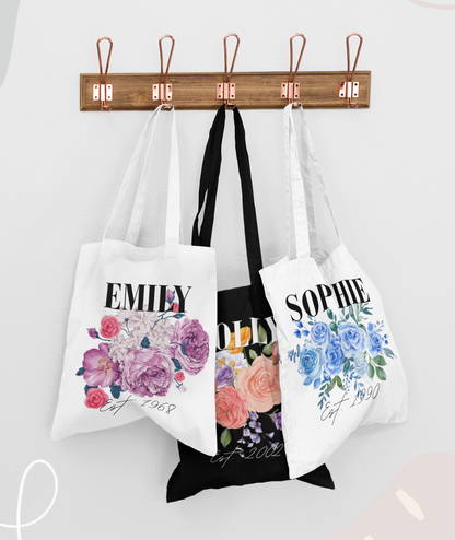 Personalised Floral Tote Bag | Custom Name, Text & Date | Choose Rose Colours | Eco Gift