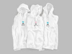 Set of three white hooded sweatshirts with blue crown and 'Mini Queen/king' prints