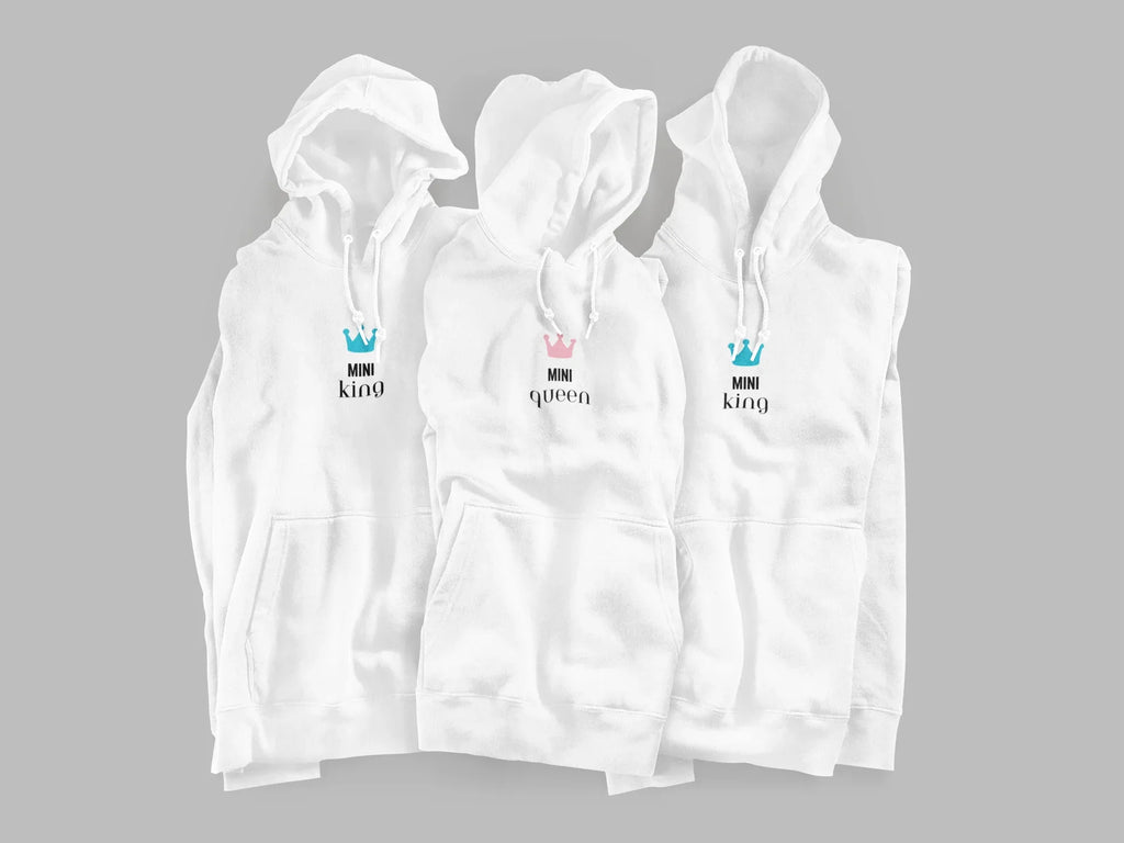 Three white hooded sweatshirts with blue crown and 'Mini Queen/king' chest designs