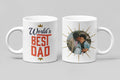 White mug with World's Best Dad crown text and child photo on reverse.
