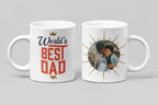 White mug with World's Best Dad crown text and child photo on reverse.