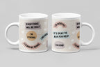 Two white ceramic mugs with pastel circular designs and uplifting message text