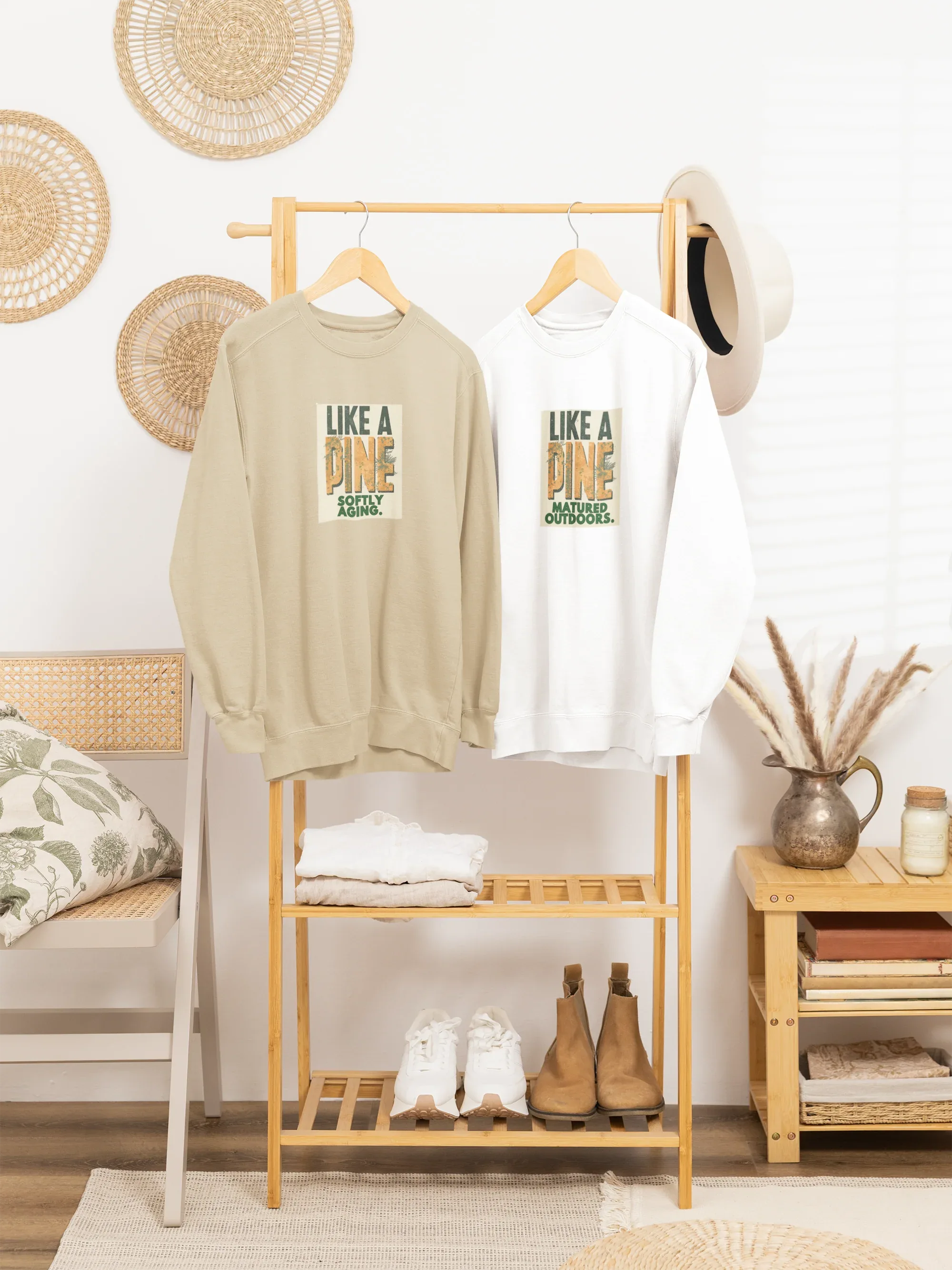 Beige and white crewneck sweatshirts with 'LIKE A PINE' front graphics