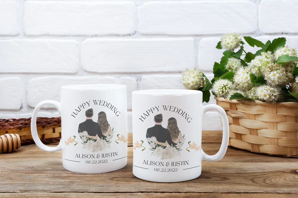Pair of white wedding mugs with couple portraits, Happy Wedding, Alison & Justin, 06.22.2022