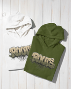 White hoodie with drawstring hood, front pocket, and 'ROOTS' graphic on chest.