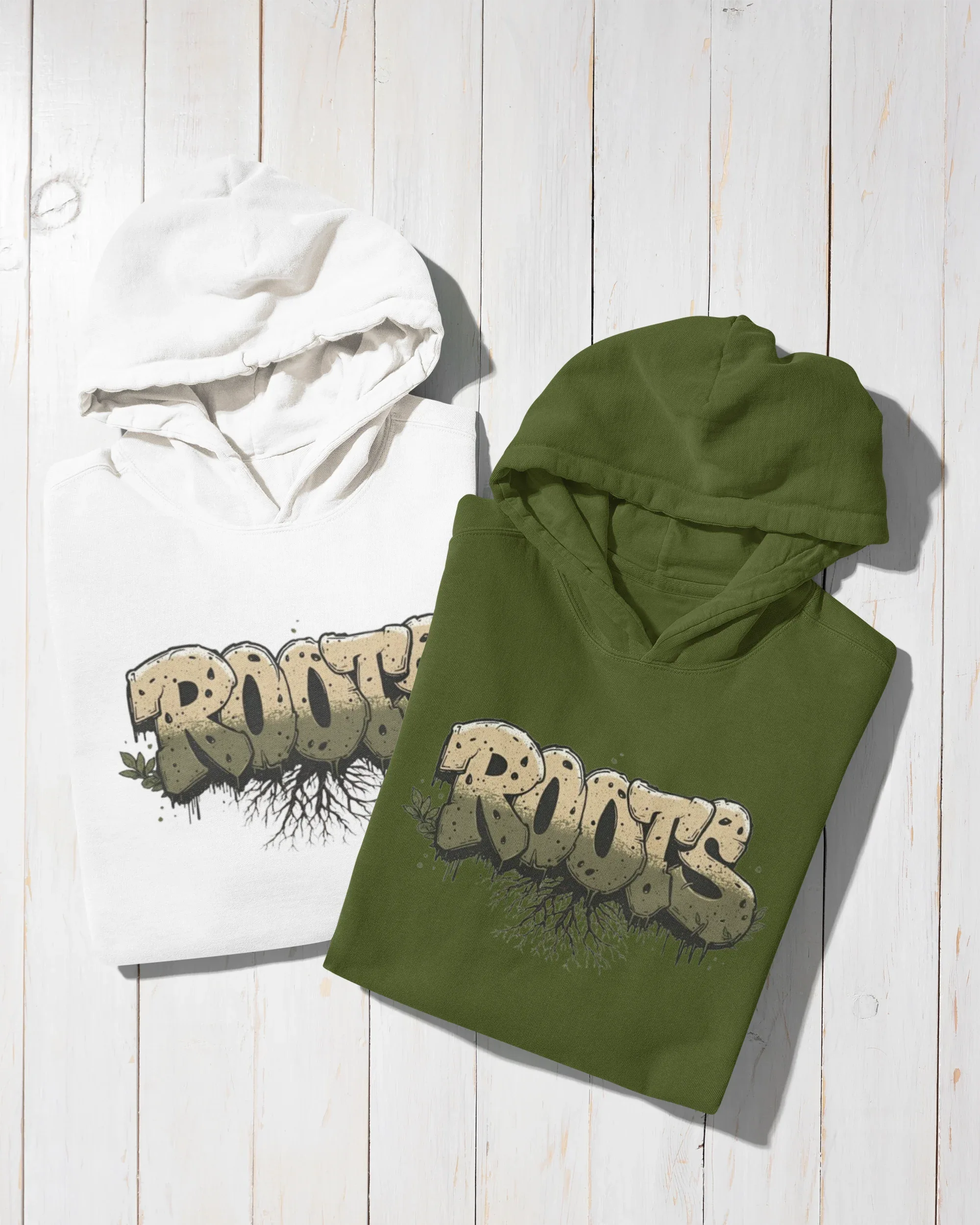 White hoodie with drawstring hood, front pocket, and 'ROOTS' graphic on chest.